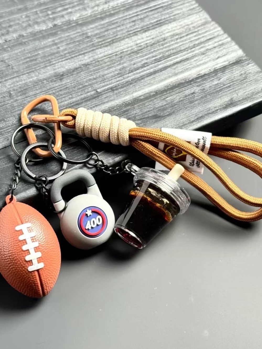 Men's Paracord Keychain Lanyard with Football & Kettlebell Charms - Tan